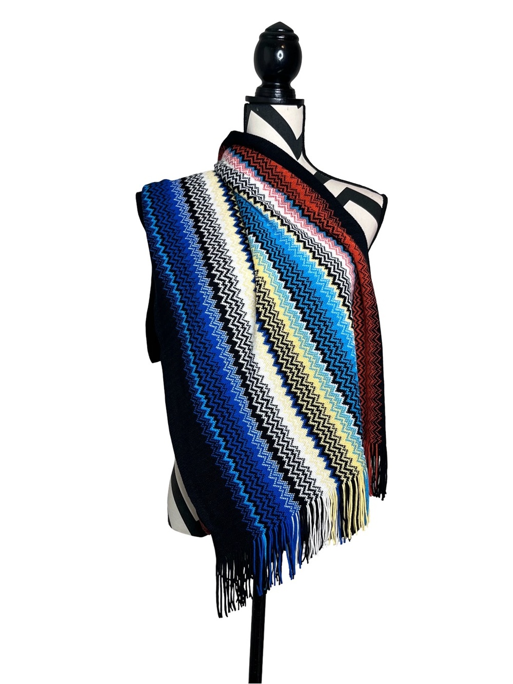 Missoni Wool Blend Chevron Knit Fringe Trim Shawl Scarl Wrap